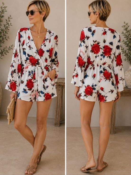 Pants - White Floral Wrap Romper with Red Roses